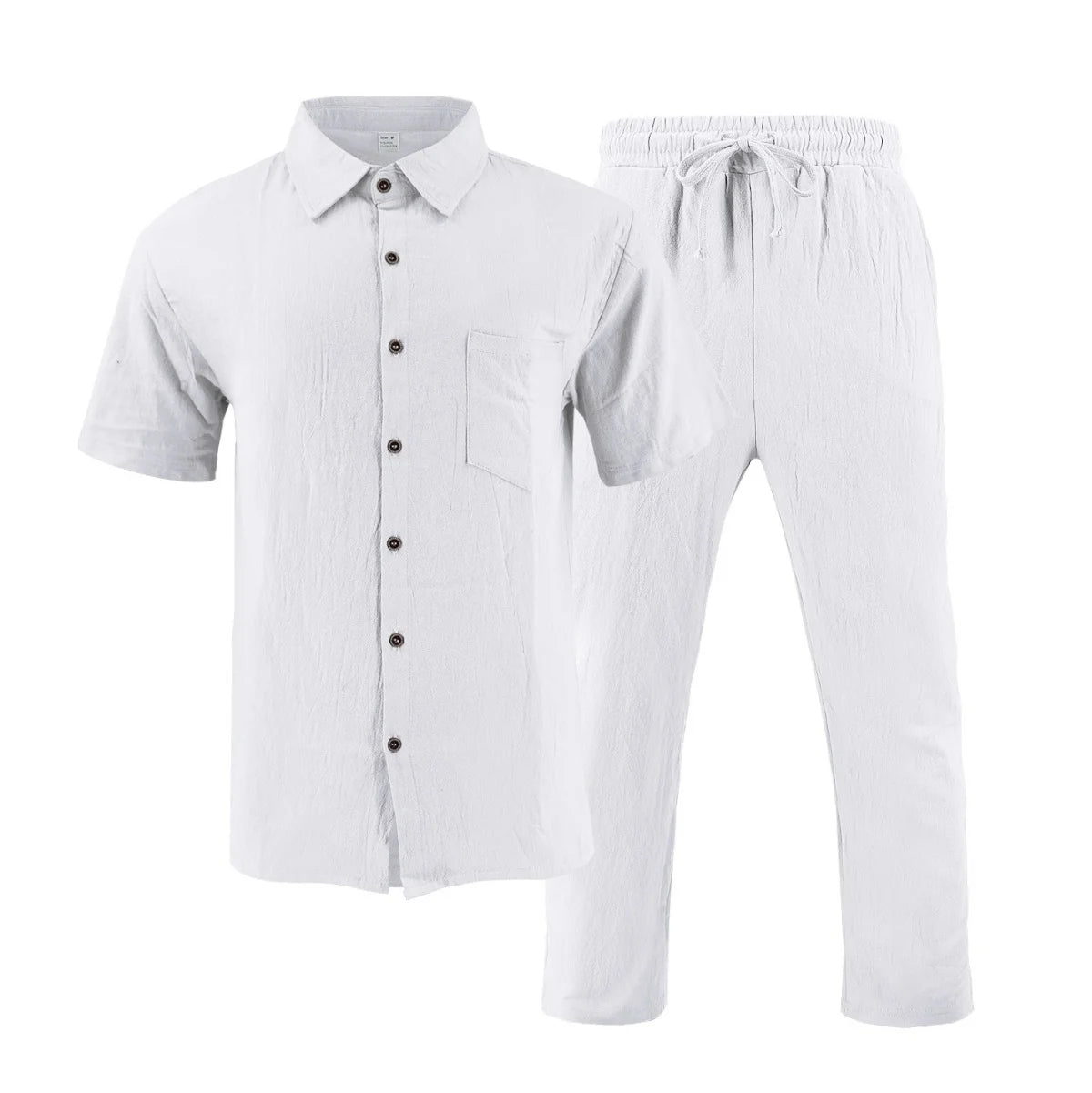 Men's Summer Beach Casual Cotton Linen Shirt Two-Piece Set with Lapel Pocket Long Pants And Shor Fashionable Breathable Clothing
