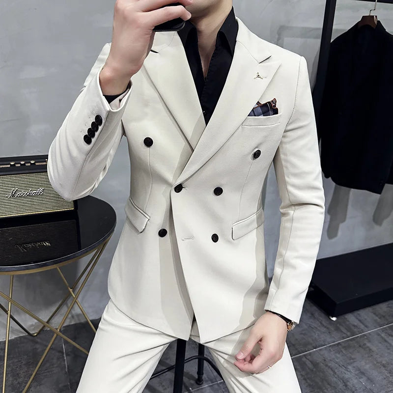 7XL-S (Blazer + Suit Pants) Fashion Double Breasted Slim Fit Men's Suit Italian Style Luxury Wedding Social Dress 2 Piece Set