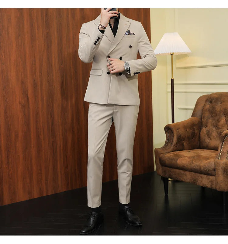 7XL-S (Blazer + Suit Pants) Fashion Double Breasted Slim Fit Men's Suit Italian Style Luxury Wedding Social Dress 2 Piece Set