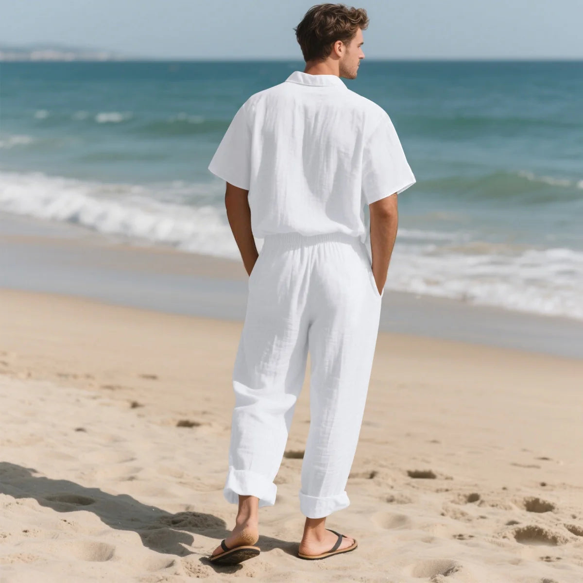Men's Summer Beach Casual Cotton Linen Shirt Two-Piece Set with Lapel Pocket Long Pants And Shor Fashionable Breathable Clothing