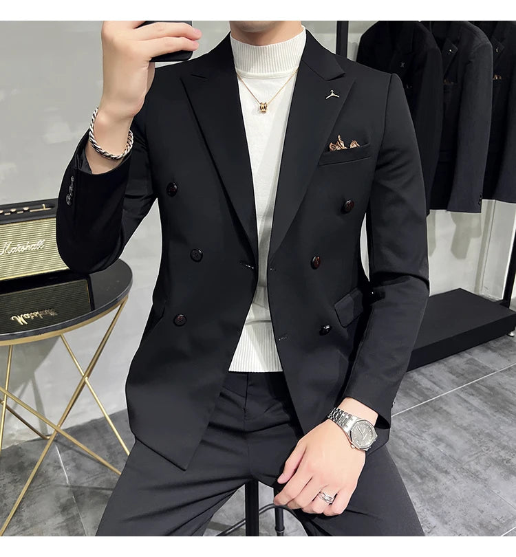7XL-S (Blazer + Suit Pants) Fashion Double Breasted Slim Fit Men's Suit Italian Style Luxury Wedding Social Dress 2 Piece Set