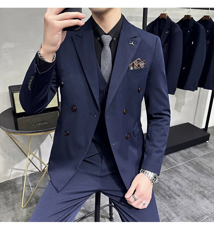 7XL-S (Blazer + Suit Pants) Fashion Double Breasted Slim Fit Men's Suit Italian Style Luxury Wedding Social Dress 2 Piece Set
