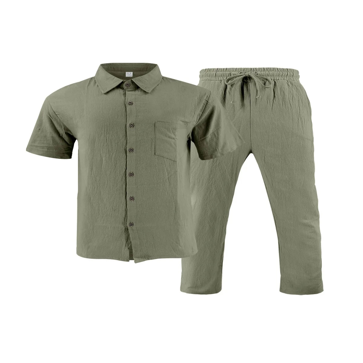 Men's Summer Beach Casual Cotton Linen Shirt Two-Piece Set with Lapel Pocket Long Pants And Shor Fashionable Breathable Clothing