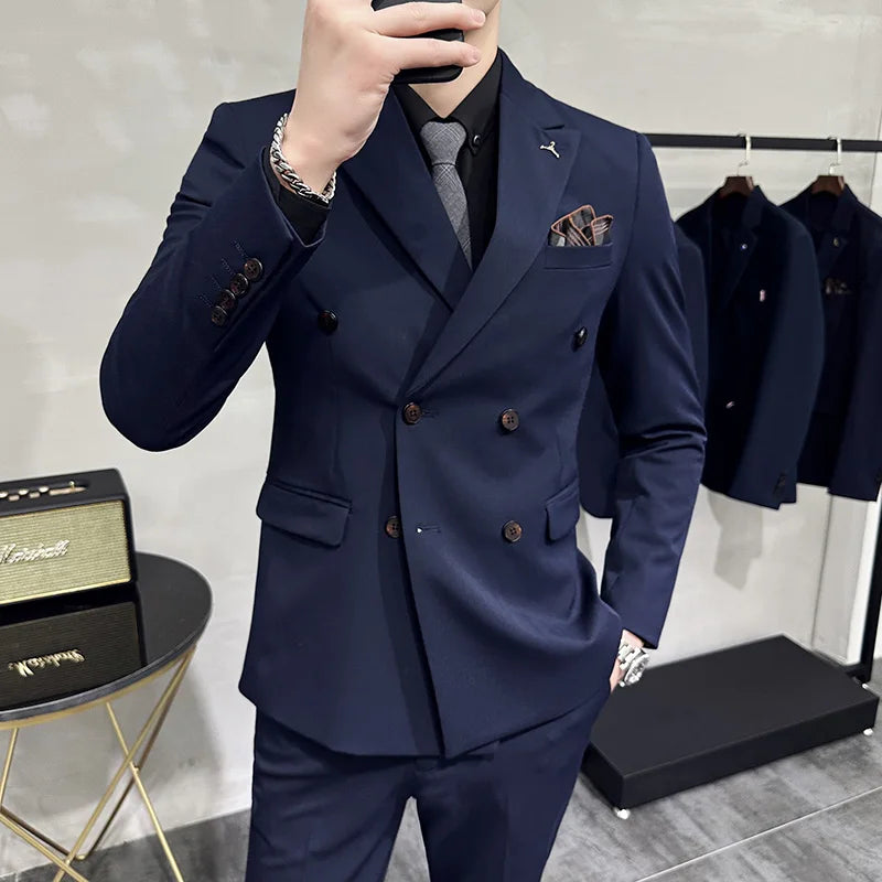 7XL-S (Blazer + Suit Pants) Fashion Double Breasted Slim Fit Men's Suit Italian Style Luxury Wedding Social Dress 2 Piece Set