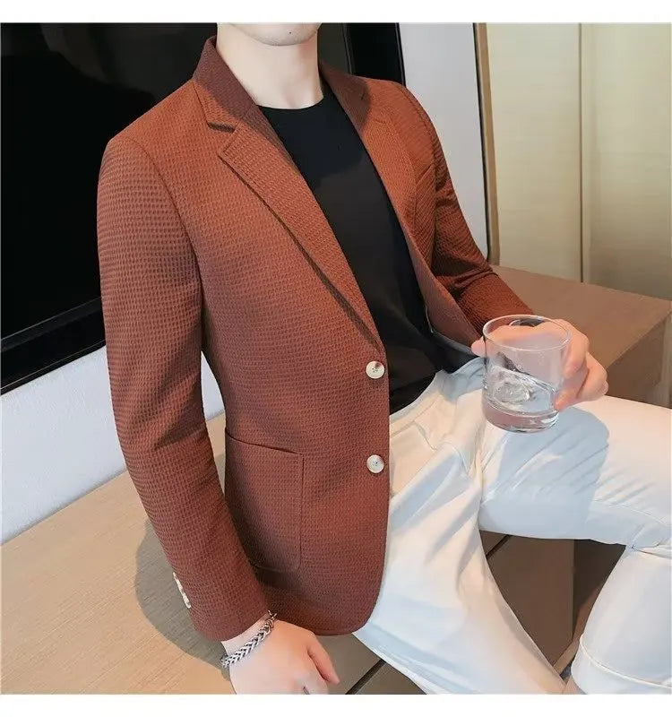 Waffle Suit Jacket Men Blazer Mature Style Casual Korean Fashion Comfort Suit Jacket Solid Color Business Fashion Coat Top