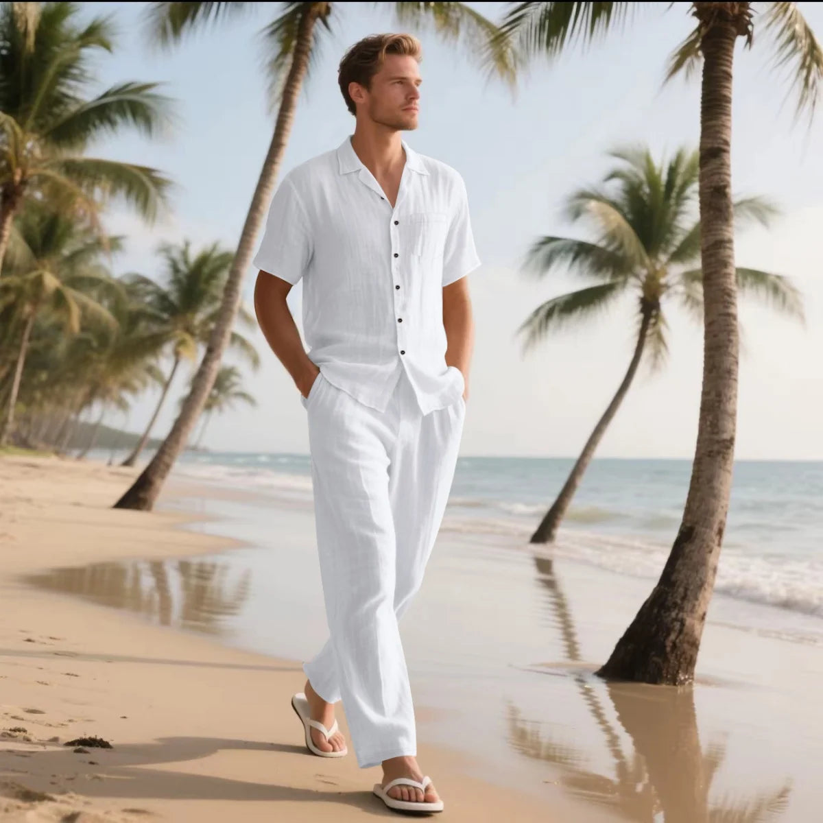 Men's Summer Beach Casual Cotton Linen Shirt Two-Piece Set with Lapel Pocket Long Pants And Shor Fashionable Breathable Clothing