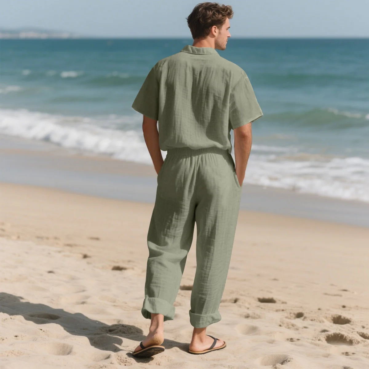 Men's Summer Beach Casual Cotton Linen Shirt Two-Piece Set with Lapel Pocket Long Pants And Shor Fashionable Breathable Clothing