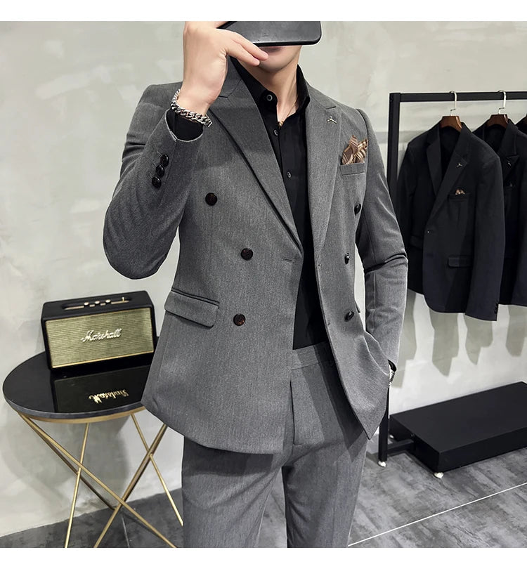 7XL-S (Blazer + Suit Pants) Fashion Double Breasted Slim Fit Men's Suit Italian Style Luxury Wedding Social Dress 2 Piece Set