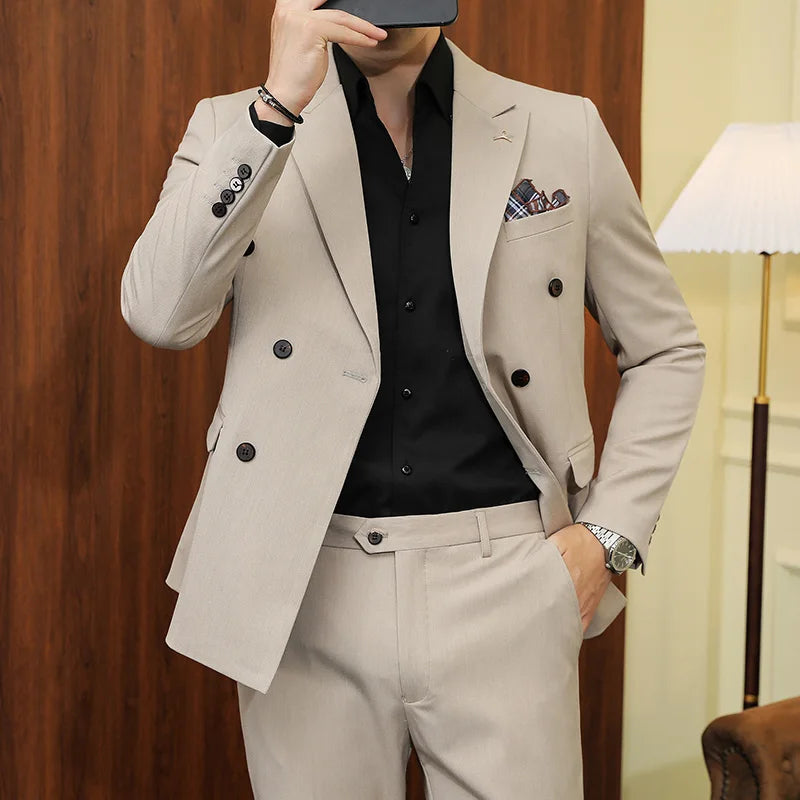 7XL-S (Blazer + Suit Pants) Fashion Double Breasted Slim Fit Men's Suit Italian Style Luxury Wedding Social Dress 2 Piece Set
