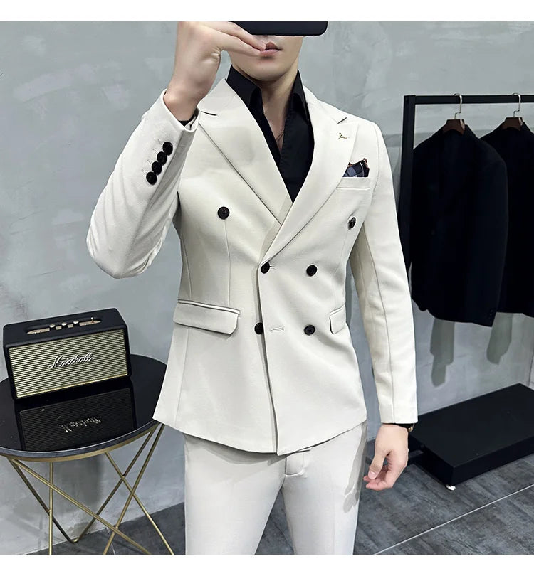 7XL-S (Blazer + Suit Pants) Fashion Double Breasted Slim Fit Men's Suit Italian Style Luxury Wedding Social Dress 2 Piece Set