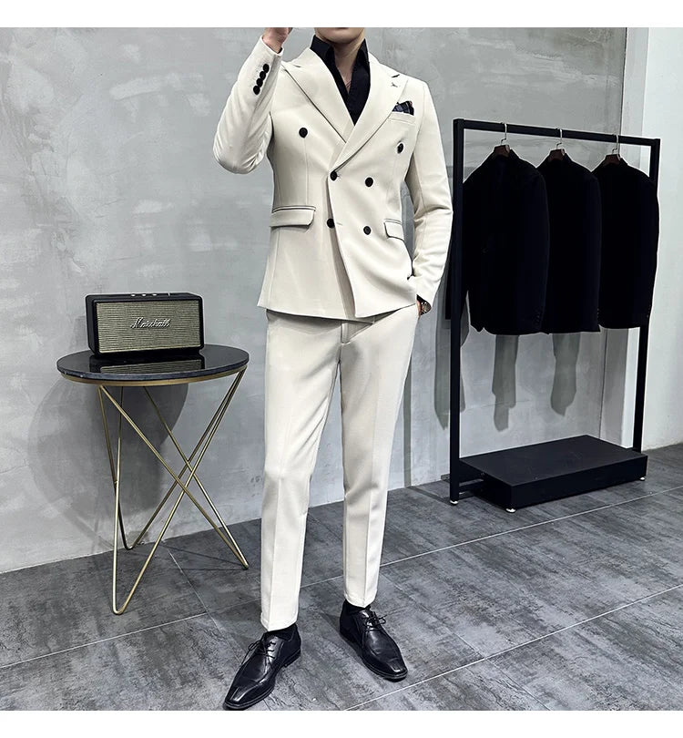 7XL-S (Blazer + Suit Pants) Fashion Double Breasted Slim Fit Men's Suit Italian Style Luxury Wedding Social Dress 2 Piece Set