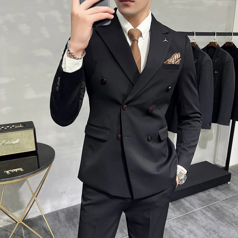 7XL-S (Blazer + Suit Pants) Fashion Double Breasted Slim Fit Men's Suit Italian Style Luxury Wedding Social Dress 2 Piece Set