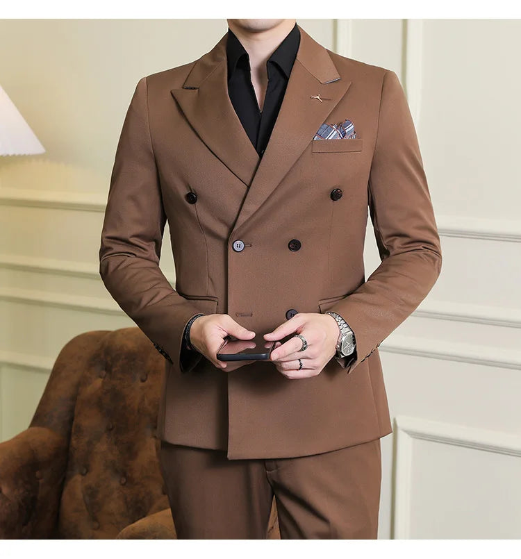 7XL-S (Blazer + Suit Pants) Fashion Double Breasted Slim Fit Men's Suit Italian Style Luxury Wedding Social Dress 2 Piece Set