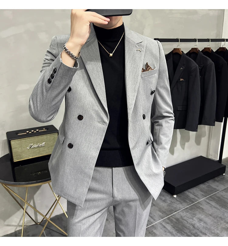 7XL-S (Blazer + Suit Pants) Fashion Double Breasted Slim Fit Men's Suit Italian Style Luxury Wedding Social Dress 2 Piece Set