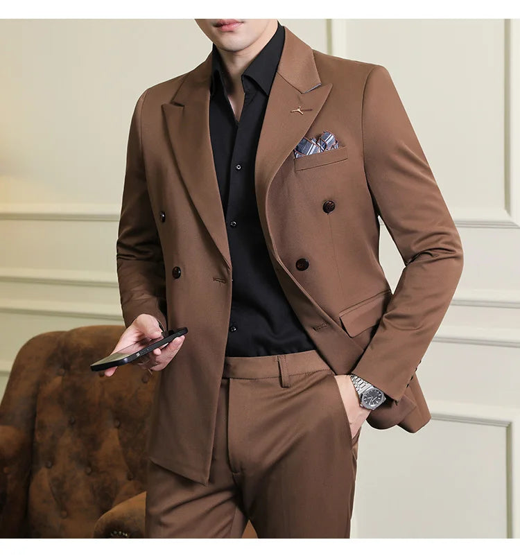 7XL-S (Blazer + Suit Pants) Fashion Double Breasted Slim Fit Men's Suit Italian Style Luxury Wedding Social Dress 2 Piece Set