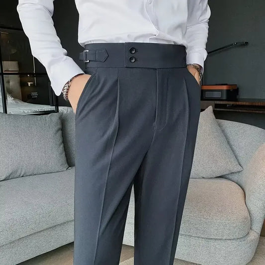 Italian Style Men's Naples Adjustable Buckle High Waist Nine-Piece Paris Button Suit Pants Casual Long Trousers for Men