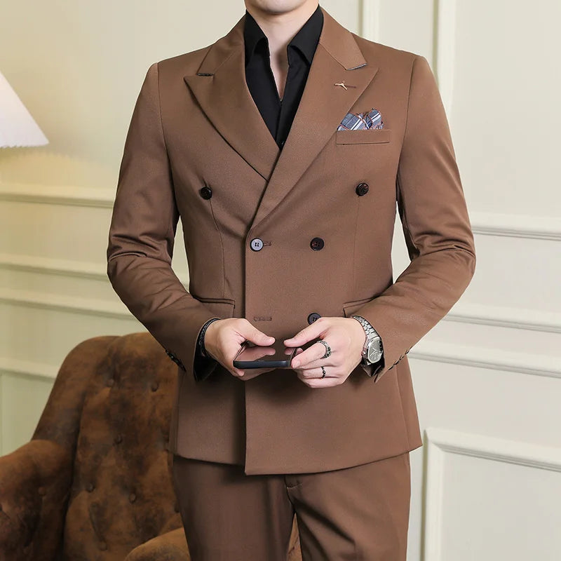 7XL-S (Blazer + Suit Pants) Fashion Double Breasted Slim Fit Men's Suit Italian Style Luxury Wedding Social Dress 2 Piece Set