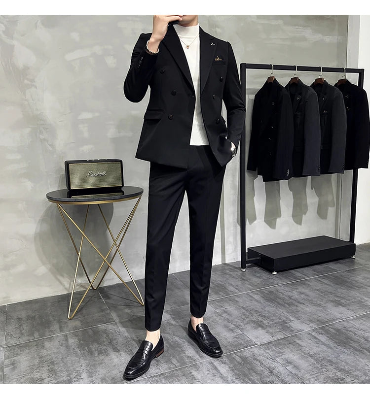7XL-S (Blazer + Suit Pants) Fashion Double Breasted Slim Fit Men's Suit Italian Style Luxury Wedding Social Dress 2 Piece Set