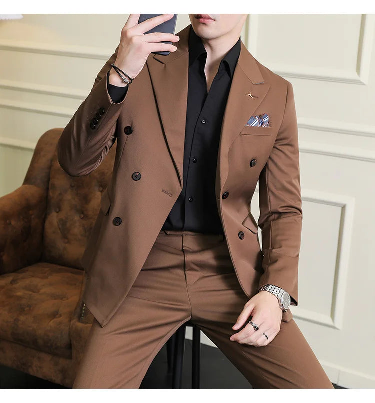 7XL-S (Blazer + Suit Pants) Fashion Double Breasted Slim Fit Men's Suit Italian Style Luxury Wedding Social Dress 2 Piece Set