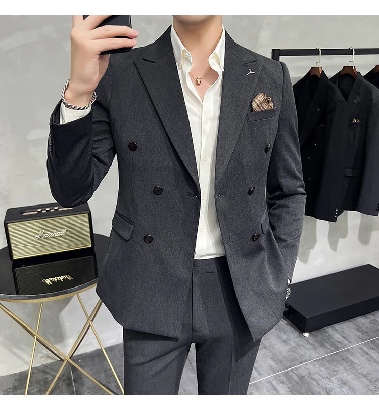 7XL-S (Blazer + Suit Pants) Fashion Double Breasted Slim Fit Men's Suit Italian Style Luxury Wedding Social Dress 2 Piece Set