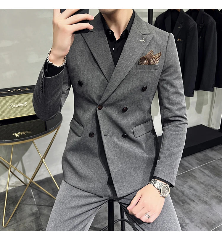 7XL-S (Blazer + Suit Pants) Fashion Double Breasted Slim Fit Men's Suit Italian Style Luxury Wedding Social Dress 2 Piece Set