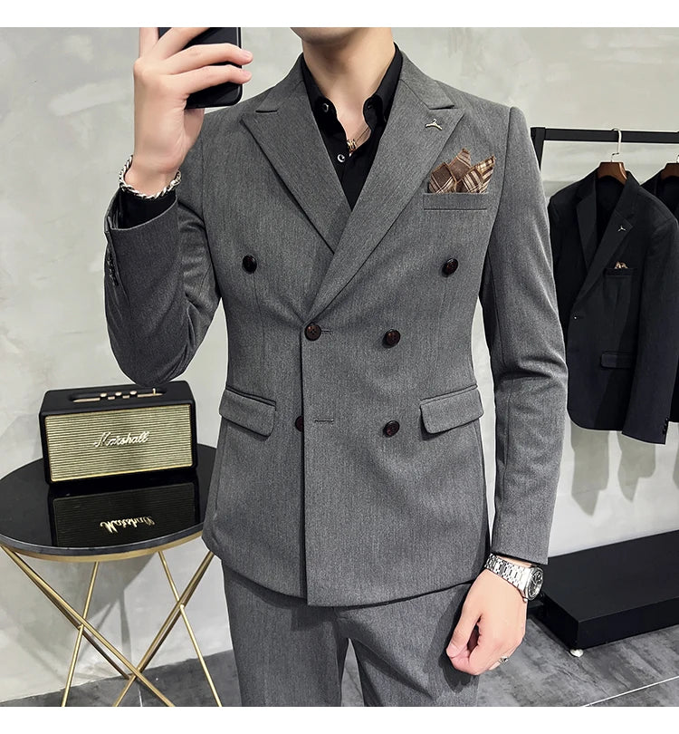 7XL-S (Blazer + Suit Pants) Fashion Double Breasted Slim Fit Men's Suit Italian Style Luxury Wedding Social Dress 2 Piece Set