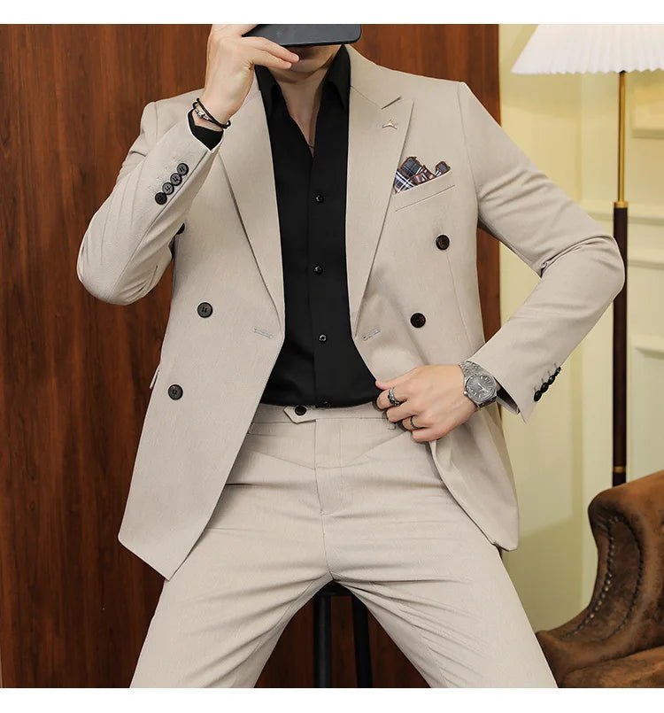 7XL-S (Blazer + Suit Pants) Fashion Double Breasted Slim Fit Men's Suit Italian Style Luxury Wedding Social Dress 2 Piece Set