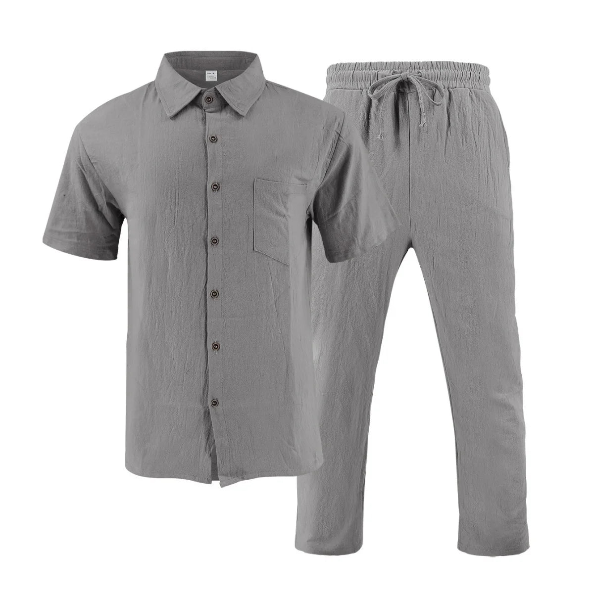 Men's Summer Beach Casual Cotton Linen Shirt Two-Piece Set with Lapel Pocket Long Pants And Shor Fashionable Breathable Clothing
